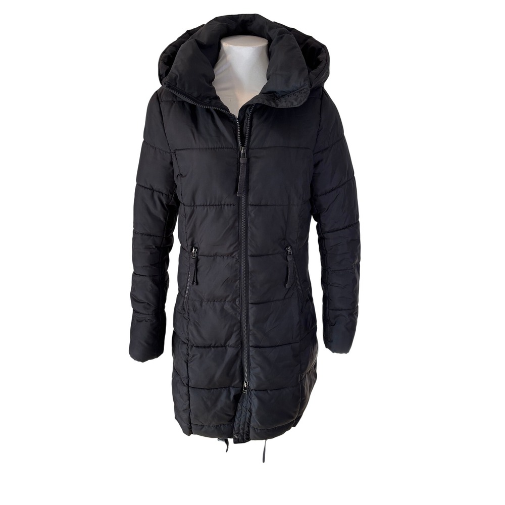 H&M L.O.G.G. Women Black Quilted Hooded Puffer Coat Jacket Size 2 0420102 4